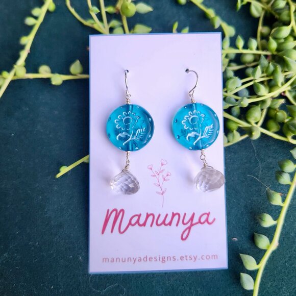 Dangle Flower Earrings - Blue, Green, Purple - Picture 13 of 13